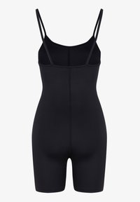 Zwarte bodysuit met spaghettibandjes, nauwsluitend ontwerp, zachte textuur, korte beenlengte, geen versieringen en een rugnaaddetail.