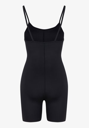 Czarny bodysuit na cienkich ramiączkach, dopasowany krój, gładka tekstura, krótka długość nogawek, brak ozdób oraz detal szwu z tyłu.