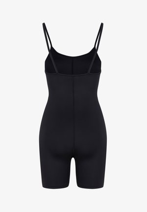 Czarny bodysuit na cienkich ramiączkach, dopasowany krój, gładka tekstura, krótka długość nogawek, brak ozdób oraz detal szwu z tyłu.