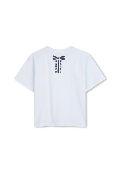 T-shirt blanc en coton à manches courtes, avec un motif libellule bleue et le texte « KENZO PARIS » au dos. Coupe simple et décontractée.