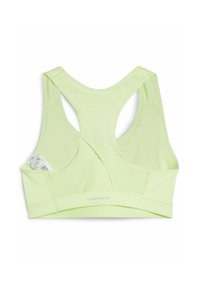 Svetlo zelena športna modrček z obliko racerback. Narejen je iz gladkega, raztegljivega materiala z mrežastimi vložki za zračno prepustnost in ravnimi šivi za udobje.