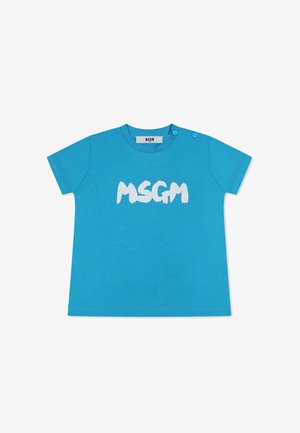 T-shirt di cotone turchese con maniche corte, caratterizzato da un grande logo bianco "MSGM" sulla parte anteriore e due bottoni a pressione sulla spalla.