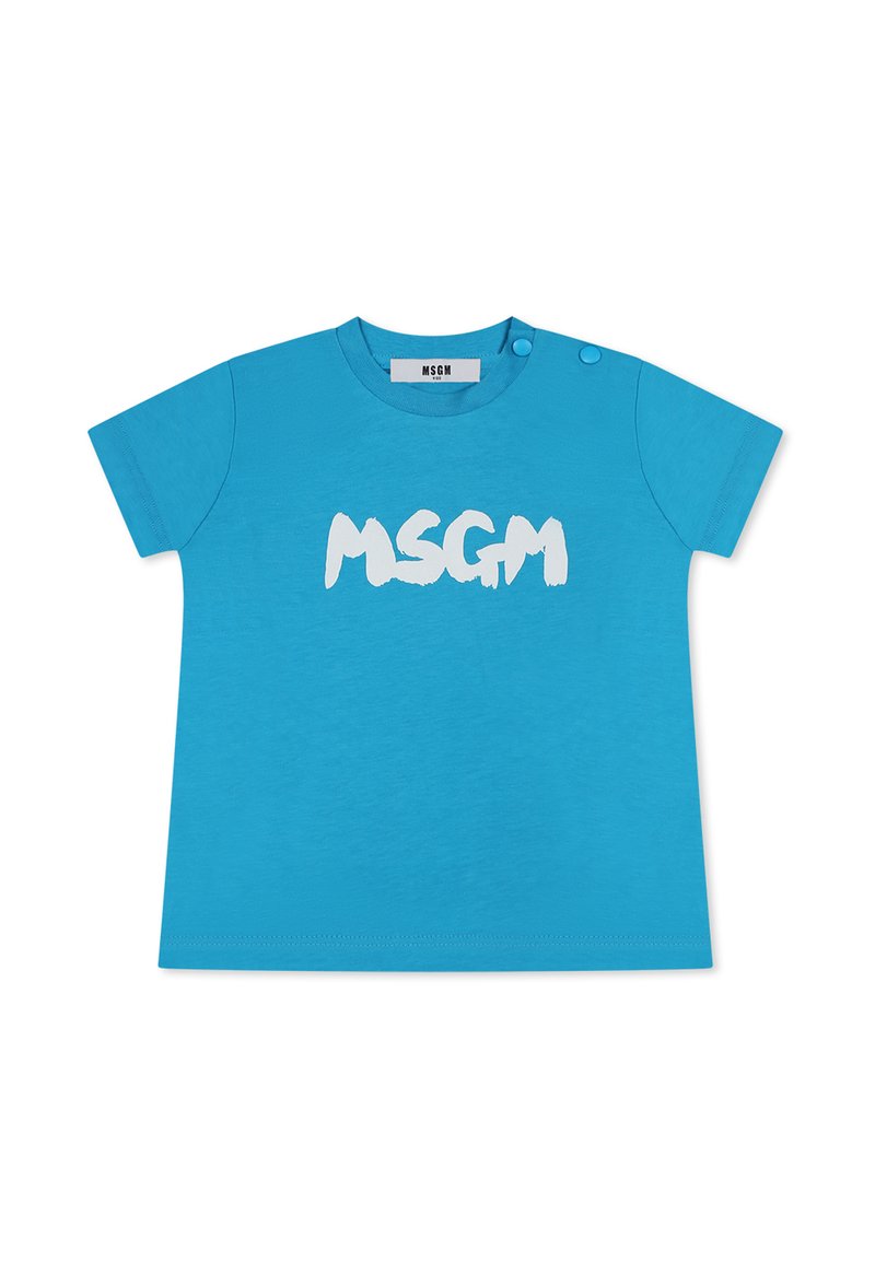 T-shirt di cotone turchese con maniche corte, caratterizzato da un grande logo bianco "MSGM" sulla parte anteriore e due bottoni a pressione sulla spalla.