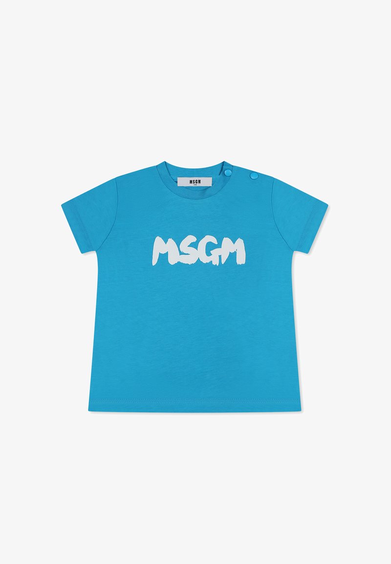 T-shirt di cotone turchese con maniche corte, caratterizzato da un grande logo bianco "MSGM" sulla parte anteriore e due bottoni a pressione sulla spalla.