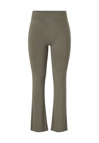 Olijfgroene, hooggekraagde, rechte legging met een brede tailleband en een soepele, naadloze voorkant.