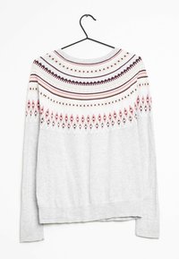 Maglione grigio chiaro a maglia con un design a yoke circolare caratterizzato da motivi multicolori in tonalità di rosa, bordeaux e crema; maniche lunghe.