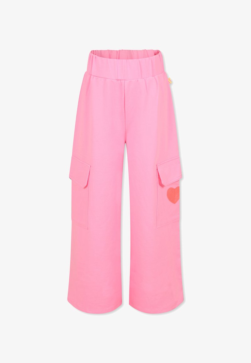 Roze cargobroek met een elastische tailleband, twee zijzakken en een hartpatroonaccent op de linkerzak. Gemaakt van zachte stof.