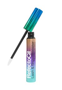 RefectoCil Wimpern- und Augenbrauen-Booster in einer Farbverlauftube von Lila zu Türkis, mit einem schwarzen Applikator und einer weißen Spitze sowie einem metallic grünen Deckel.