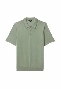 Svetlozelená polo košeľa, krátke rukávy, golier s trojčlánkovým zapínaním, mäkká pletená tkanina, rovnomerná textúra, priame ukončenie.