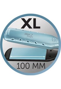 Hårrettetang med en lys blå keramisk plate, 100 mm bred, med teksturert håndtak og svart kropp. Merket "Wet 2 Straight."