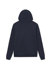 Dunkelblaues Kapuzenshirt mit langen Ärmeln, einer runden Kapuze und einem strukturierten Stoff. Hat ein einfaches, sauberes Design ohne sichtbare Muster oder Logos.