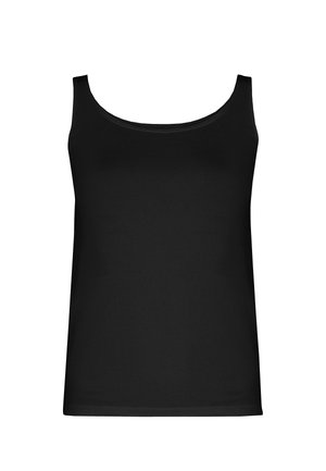 Schwarzes ärmelloses Tanktop mit rundem Ausschnitt. Hergestellt aus einem glatten, leichten Stoff mit figurbetonter Passform und ohne zusätzliche Muster oder Details.
