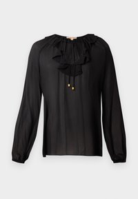 Svart bluse laget av lett stoff, med en rynket halslinning, lange ermer med elastiske mansjetter og gullakenter på snorene.