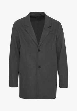 Gray wool blend coat with a notched collar, two buttons, and side pockets. Features a smooth inner lining and a straight cut.