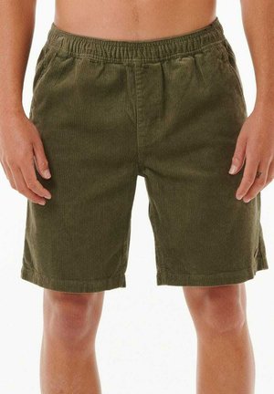 Grüne Cordshorts mit einem elastischen Bund, gerader Schnitt, sichtbarem Rippstruktur und seitlichen Taschen.