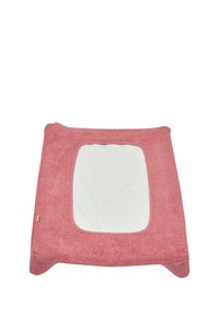 Pink rectangular dog bed with a textured fabric exterior and a smooth, white sleeping area in the center. Rounded corners and stitched edges.