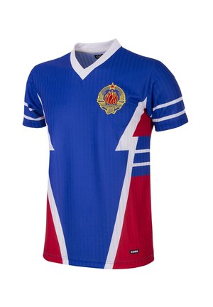 Blauw en rood T-shirt met korte mouwen en een witte V-hals. Heeft diagonale strepen, een logo op de borst en horizontale witte strepen op de mouwen.