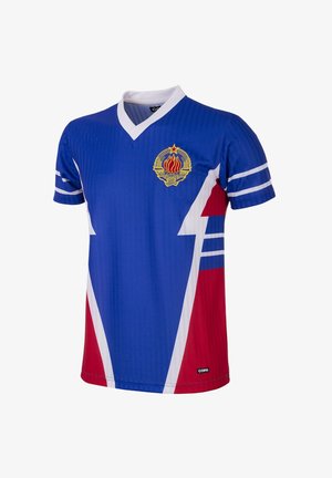 Blauw en rood T-shirt met korte mouwen en een witte V-hals. Heeft diagonale strepen, een logo op de borst en horizontale witte strepen op de mouwen.