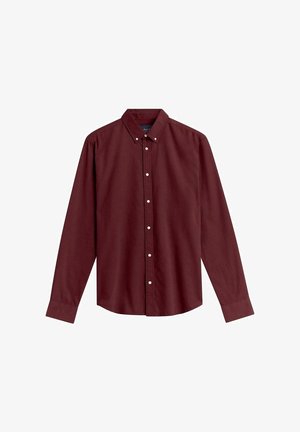 Men’s long-sleeve button-down shirt in dark red with white buttons and buttoned collar tips.