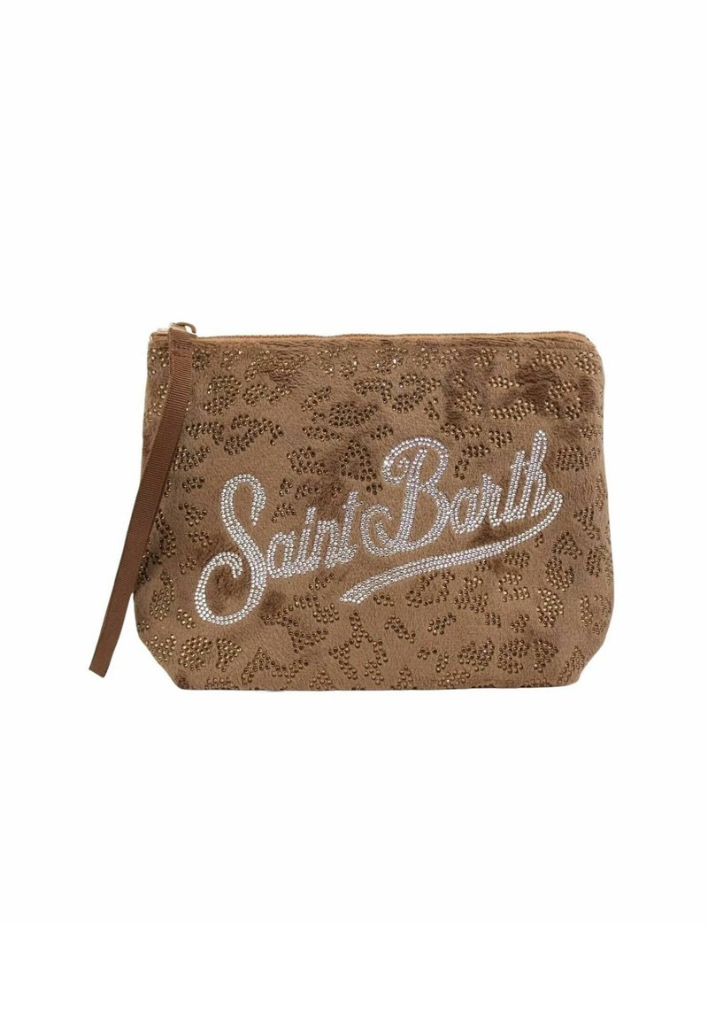 Pochette marrone con zip, decorata con borchie a stampa leopardata e la scritta "Saint Barth" in strass sulla parte anteriore.