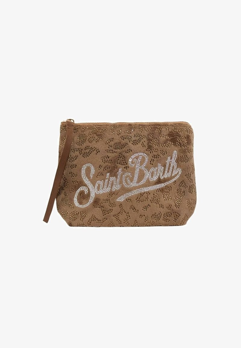 Bruine ritsloze tas met luipaardprint studded en "Saint Barth" in strass op de voorkant.