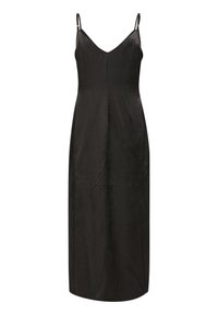 Robe maxi en satin noir avec des bretelles fines et ajustables, décolleté en V, et une texture lisse et élégante. Tombe droit jusqu'au sol sans motifs.