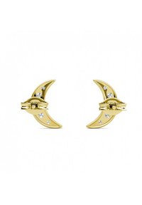Gouden halfmaantjes oorbellen met een gepolijste afwerking, met heldere stenen die aan één zijde zijn ingelegd voor extra detail.