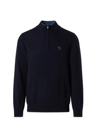 Navy Pullover-Sweater aus weichem Material. Mit hohem Kragen, einem Halb-Reißverschluss und einem kreisförmigen Logo auf der Brust.