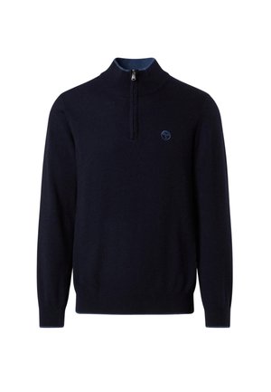 Navy Pullover-Sweater aus weichem Material. Mit hohem Kragen, einem Halb-Reißverschluss und einem kreisförmigen Logo auf der Brust.