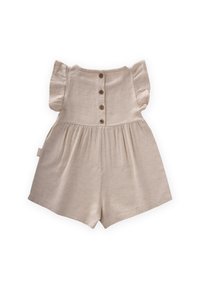 Mono de color beige claro con mangas cortas y abullonadas, cierre de cinco botones en la parte trasera y un diseño acampanado para un ajuste relajado.