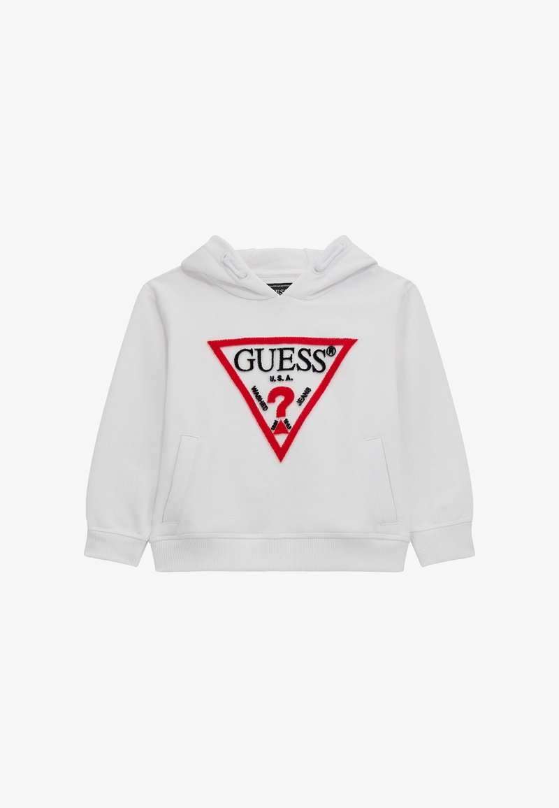 Biała bawełniana bluza z kapturem z dużym czerwonym logo w kształcie trójkąta i czarnym tekstem. Kieszeń z przodu i sznurek w kapturze. Miękka tekstura.