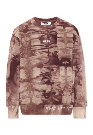Brązowa bluza tie-dye z napisem „MSGM” na klatce piersiowej i tekstem „MSGM Not a Tour” na dole, długie rękawy, okrągły dekolt.