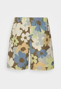 Kwiatowe szorty kąpielowe w kolorze brązowym, niebieskim, żółtym i zielonym. Wykonane z lekkiego materiału, z elastycznym paskiem w talii i dyskretnym logo marki.