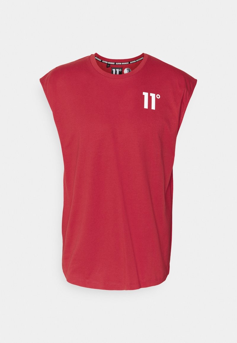 Maglietta senza maniche rossa in cotone, con collo rotondo e logo stampato "11°" in bianco sul petto. Texture liscia, vestibilità comoda.