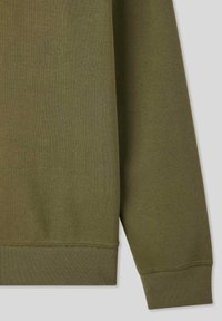 Felpa verde oliva caratterizzata da un tessuto morbido e testurizzato, polsini a coste e una vestibilità rilassata, senza loghi o fantasie visibili.