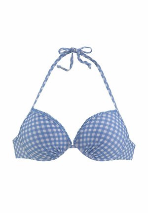 Blau-weiß kariertes Gingham-Halfter-Bikinioberteil mit gepolsterten Cups und einer Bindung am Nacken.