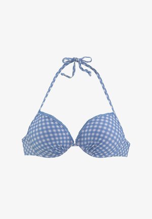 Blau-weiß kariertes Gingham-Halfter-Bikinioberteil mit gepolsterten Cups und einer Bindung am Nacken.