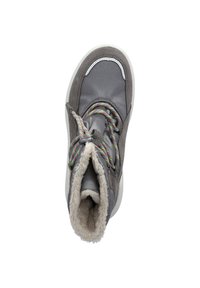 Grauer Stiefel mit einem synthetischen Obermaterial, Fleece-Futter und bunten Schnürsenkeln. Abgerundete Zehenpartie und dicke weiße Sohle. Akzente umfassen eine gestickte Einfassung.