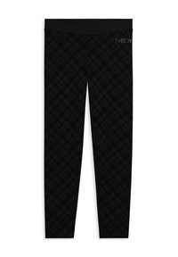 Leggings neri aderenti con un sottile motivo a incrocio e logo "FREDDY" in piccole macchie bianche vicino alla vita su sfondo bianco.