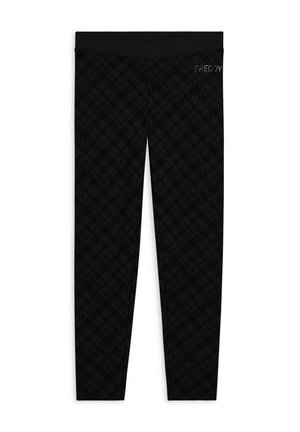 Leggings neri aderenti con un sottile motivo a incrocio e logo "FREDDY" in piccole macchie bianche vicino alla vita su sfondo bianco.