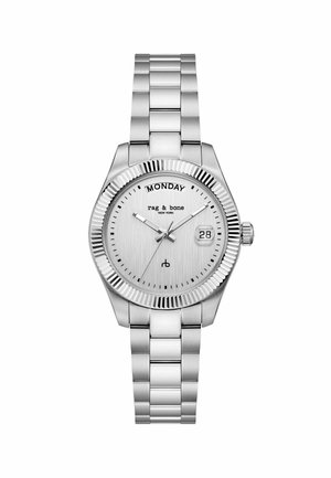 Srebrn ročni ura iz nerjavečega jekla, ki prikazuje ponedeljek in 28. dan, z logotipom rag & bone na okroglem brušenem kovinskem številčniku in povezanem zapestju.
