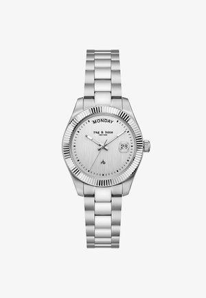 Ezüst rozsdamentes acél karóra, amely a hétfőt és a 28-át mutatja, rag & bone logóval a kerek, brushed fém számlapon és láncos karkötővel.