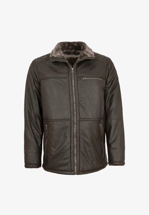 Brown leather jacket featuring a zip front, side pockets, and a soft fur-lined collar for added warmth and comfort.