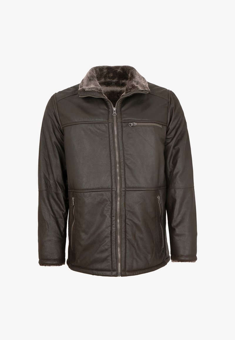 Braune Lederjacke mit einem Reißverschluss vorne, Seitentaschen und einem weichen, mit Fell gefütterten Kragen für zusätzliche Wärme und Komfort.