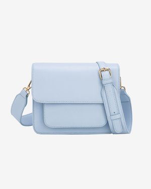 Light blue faux leather shoulder bag with a flap closure, adjustable strap, front pocket, and gold-tone hardware accents.