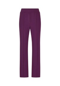 Paarse op maat gemaakte broek met een flatte tailleband, rechte pijpen en zichtbare stiknaaddetails. Gemaakt van een soepele, rekbare stof.