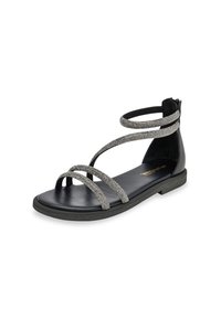 Sandal nera con più cinturini decorativi con una lucentezza testurizzata, suola piatta e chiusura con zip sul retro.