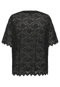 Svart spets topp med korta ärmar, blommönster, vågig nederkant och genomskinlig textur, designad för en lös passform. Idealiskt för lager-på-lager-outfits.