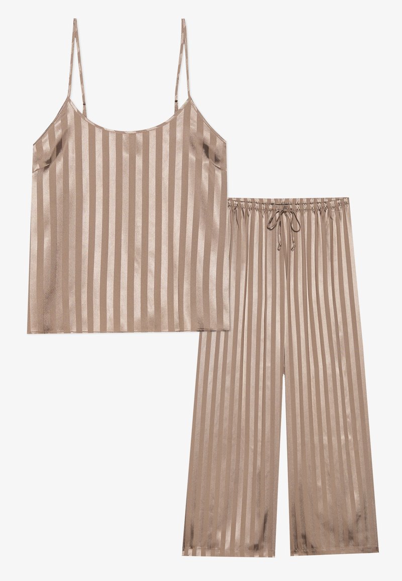 Beiges gestreiftes zweiteiliges Set bestehend aus einem Top mit Spaghettiträgern und weit geschnittenen Hosen mit elastischem Bund und Kordelzug. Glatte Satin-Textur.
