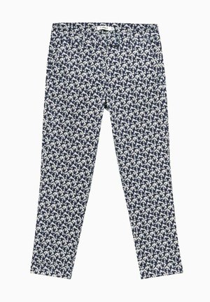 Marineblaue Hose mit einem weißen Blumenmuster, aus einem glatten Stoff gefertigt, mit einer taillierten Passform und geradem Bein.